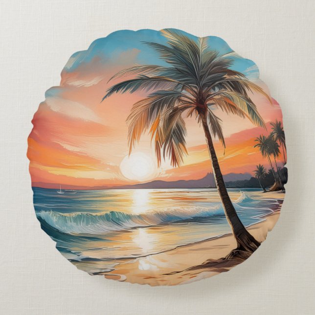 Palm Tree On Tropical Beach At Sunset Round Pillow (Front)