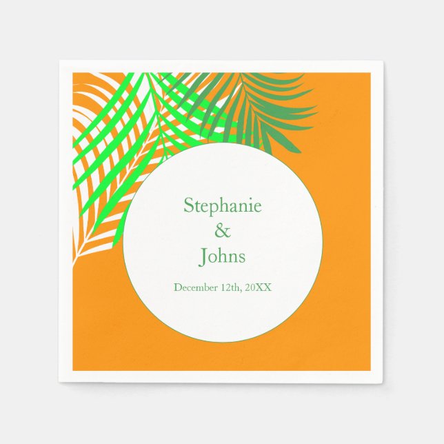 Palm Tree Orange Green Art Leaves Wedding Napkins (Front)