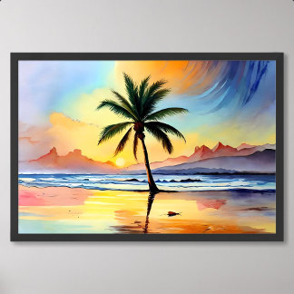 Palm Tree Painting Gracing the Beach at Sunset Poster