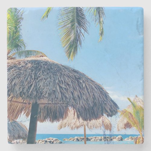 Palm Tree Palapa  Blue sky on Curacao Beach Stone Coaster