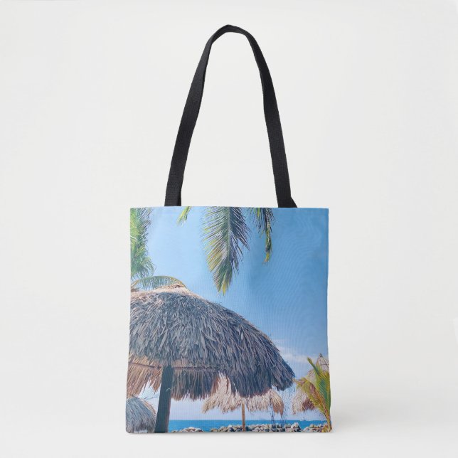 Palm Tree, Palapa & Blue sky on Curacao Beach Tote Bag (Front)