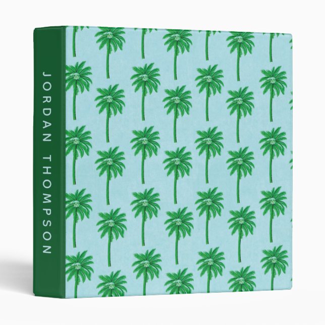 Palm Tree Pattern on Blue | Add Your Name 3 Ring Binder (Front/Spine)