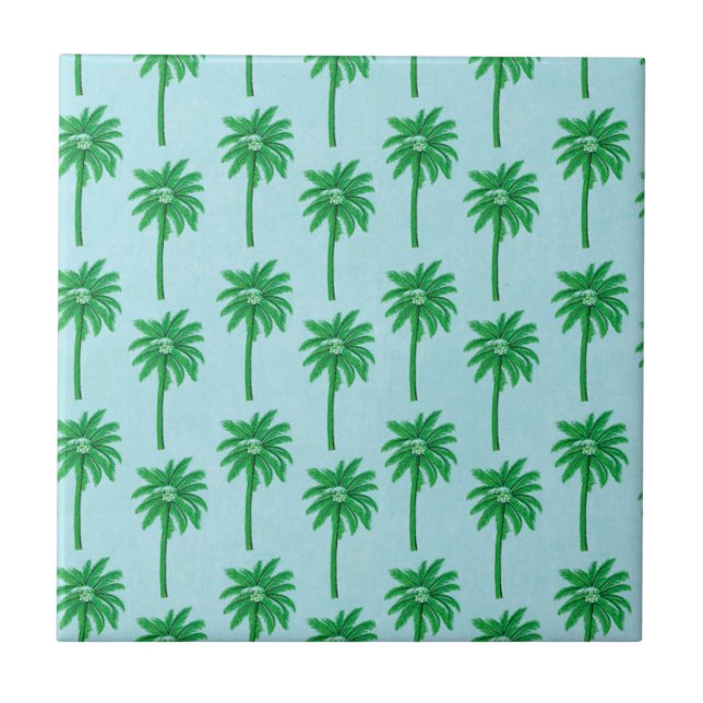 Palm Tree Pattern on Blue Ceramic Tile (Front)