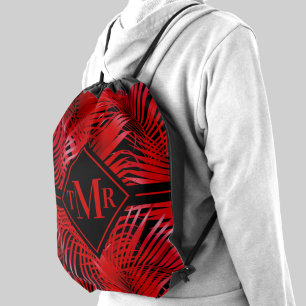 Palm Tree Pattern Red Black Monogram Drawstring Bag
