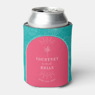 Palm Tree Pink & Blue Beach Wedding Can Cooler
