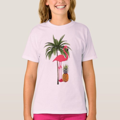 Palm Tree Pink Flamingo Pineapple Girls T_Shirt