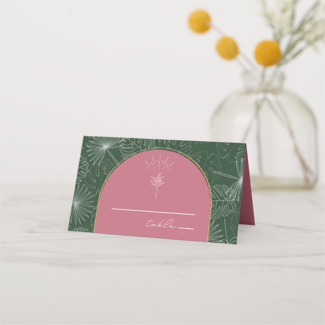 Palm Tree Pink & Green Beach Wedding Place Card (Front)