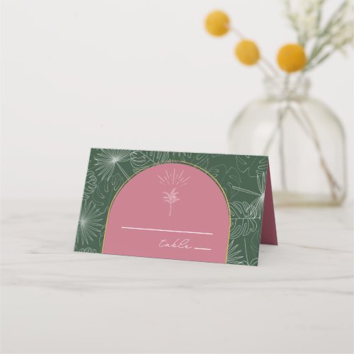 Palm Tree Pink  Green Beach Wedding Place Card