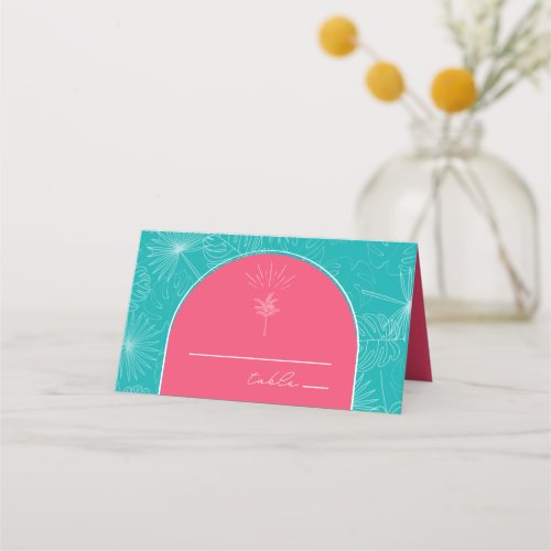 Palm Tree Pink  Green Blue Wedding   Place Card