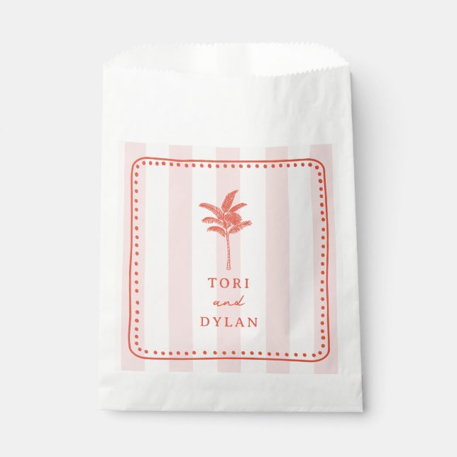 Palm Tree Pink Striped Tropical Beach Wedding Favor Bag (Front)