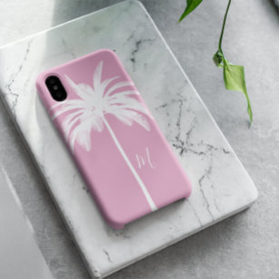 Palm Tree Pink White Tropical Elegant Monogram  iPhone 11 Pro Case