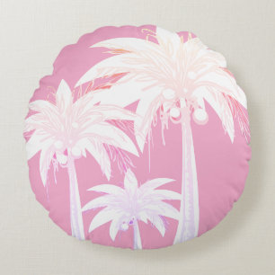 Palm Tree Pink White Tropical Summer Beach House Round Pillow