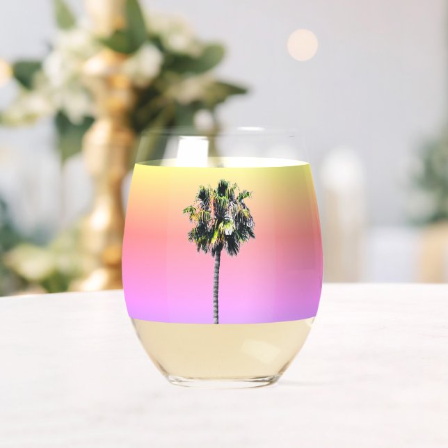 Palm Tree Pink Yellow Purple Drinkware Set Stemless Wine Glass (Insitu (Wedding))