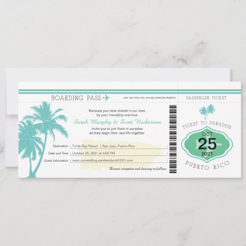 Palm Tree Puerto Rico Boarding Pass Wedding Invitation