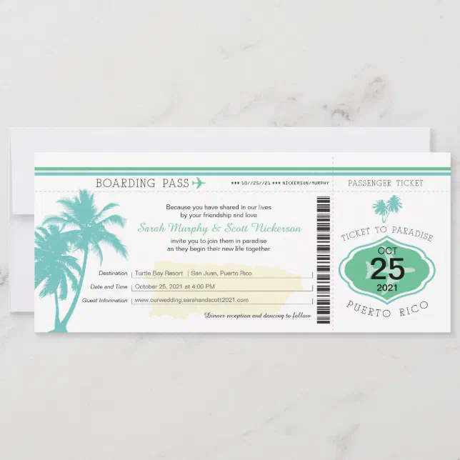 Palm Tree Puerto Rico Boarding Pass Wedding Invitation | Zazzle
