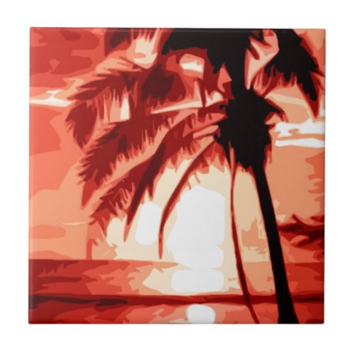 Palm Tree  Red Sunset Tile