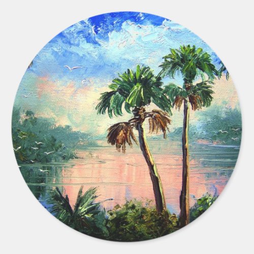 Palm Tree Reflections Classic Round Sticker