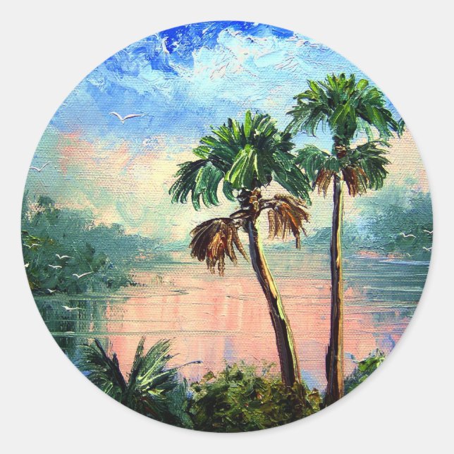 Palm Tree Reflections Classic Round Sticker (Front)