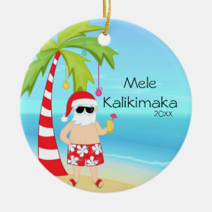 Palm Tree Relaxing Santa Hawaiian Christmas Ceramic Ornament