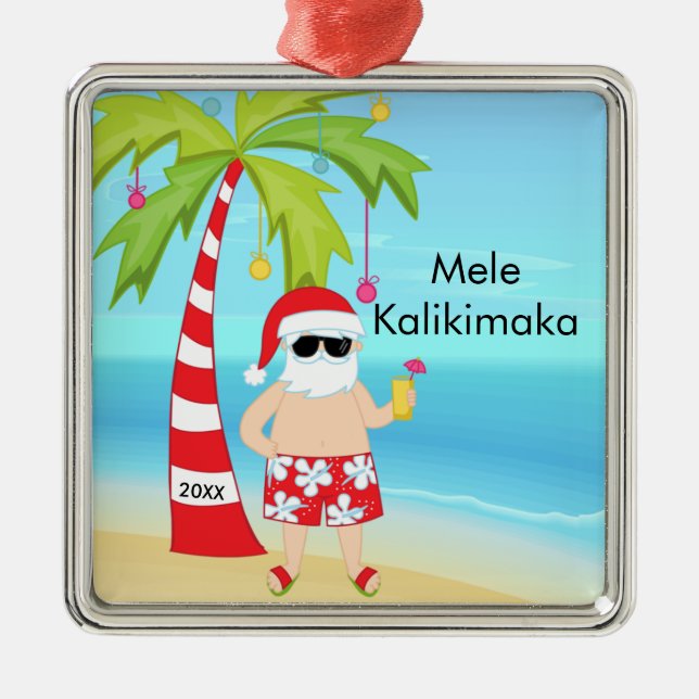 Palm Tree Relaxing Santa Hawaiian Christmas Metal Ornament (Front)