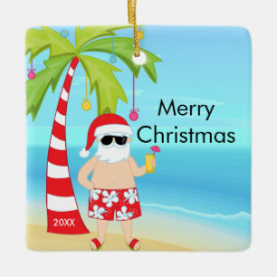 Palm Tree Relaxing Santa Tropical Christmas Ceramic Ornament