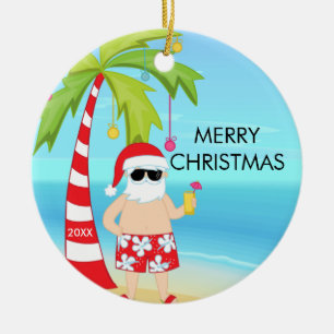 Palm Tree Relaxing Santa Tropical Christmas Ceramic Ornament