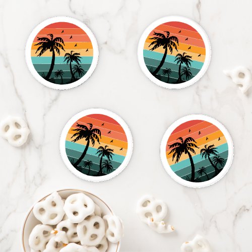 Palm Tree Retro Circle Sunset Coaster Set