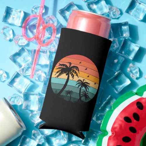 Palm Tree Retro Circle Sunset Seltzer Can Cooler