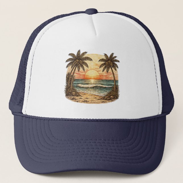 Palm Tree - Retro Style Tropical Beach Sun Summer  Trucker Hat (Front)