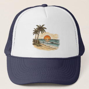 Palm Tree - Retro Style Tropical Beach Sun Summer  Trucker Hat