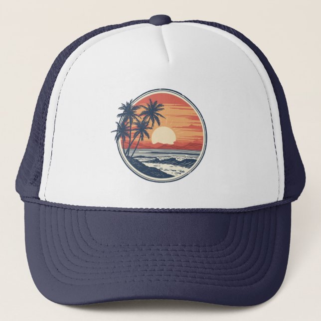 Palm Tree - Retro Style Tropical Beach Sun Summer  Trucker Hat (Front)