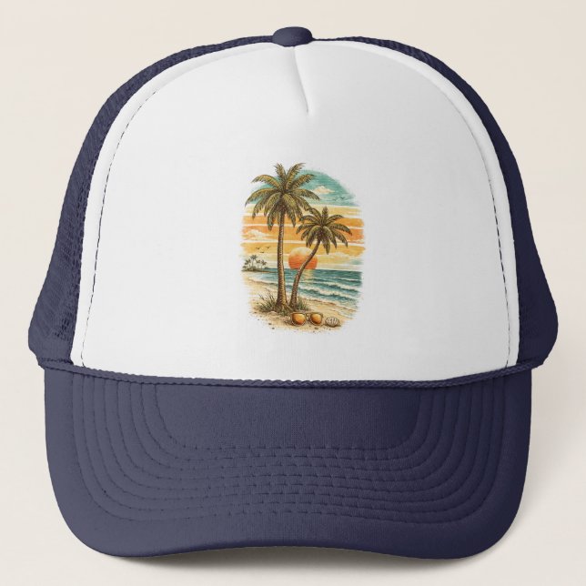 Palm Tree - Retro Style Tropical Beach Sun Summer  Trucker Hat (Front)