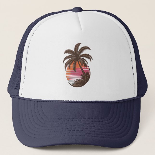 Palm Tree - Retro Style Tropical Beach sunset      Trucker Hat (Front)