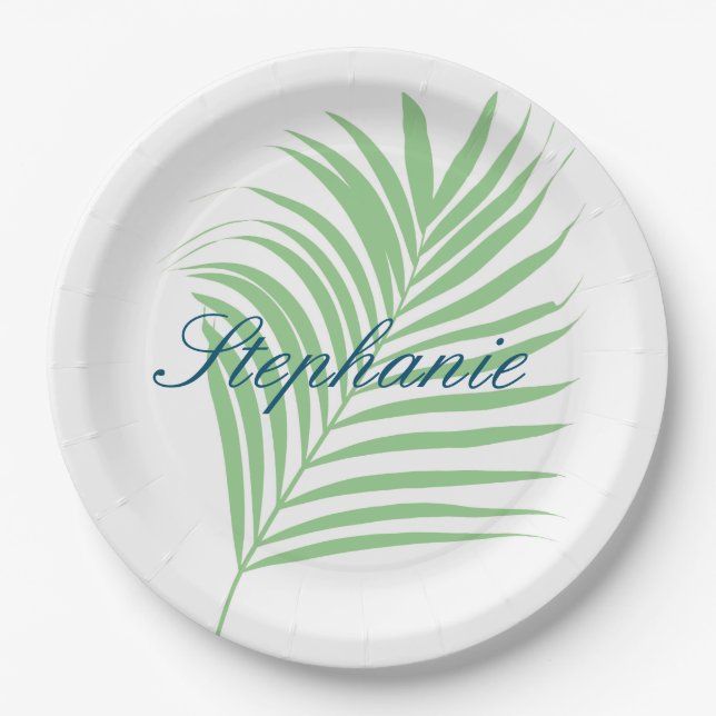 Palm Tree Sage Green Watercolor Leaves Name Paper Plates (Front)
