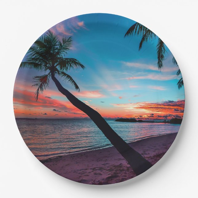 Palm Tree Sandy Beach Tropical Paradise Island Paper Plates (Front)