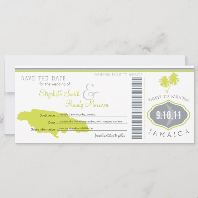 Palm Tree Save the Date Boarding Pass Jamaica (Front)