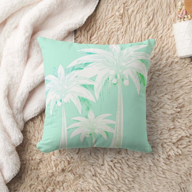 Palm Tree Seafoam Green White Tropical Beach House Throw Pillow (Blanket)