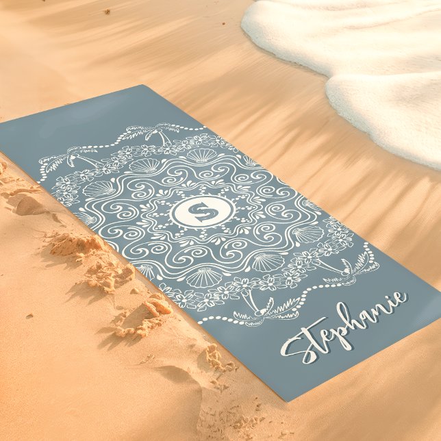 Palm Tree Seashell Mandala Monogram Blue Beachy Yoga Mat (Creator Uploaded)