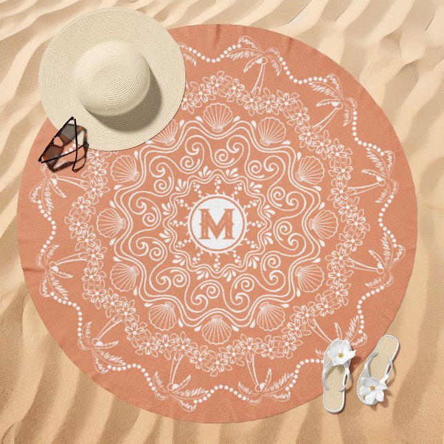 Palm Tree Seashell Mandala Monogram Coral Beach Towel (Creator Uploaded)
