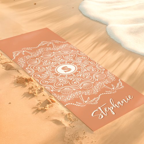 Palm Tree Seashell Mandala Monogram Coral Beachy Yoga Mat