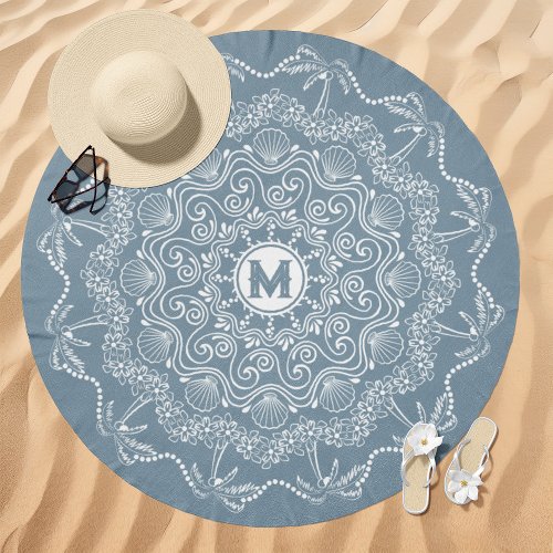 Palm Tree Seashell Mandala Monogram Dusty Blue Beach Towel