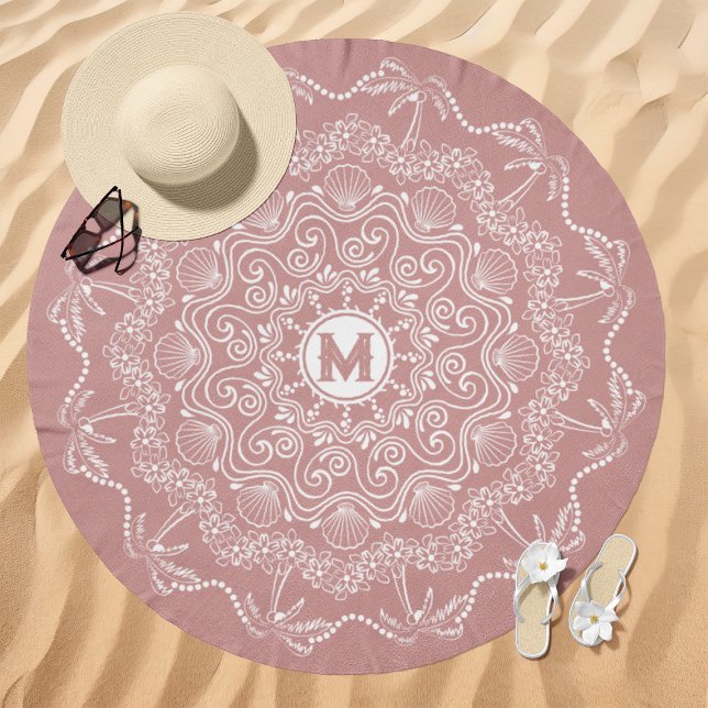 Palm Tree Seashell Mandala Monogram Dusty Mauve Beach Towel (Creator Uploaded)