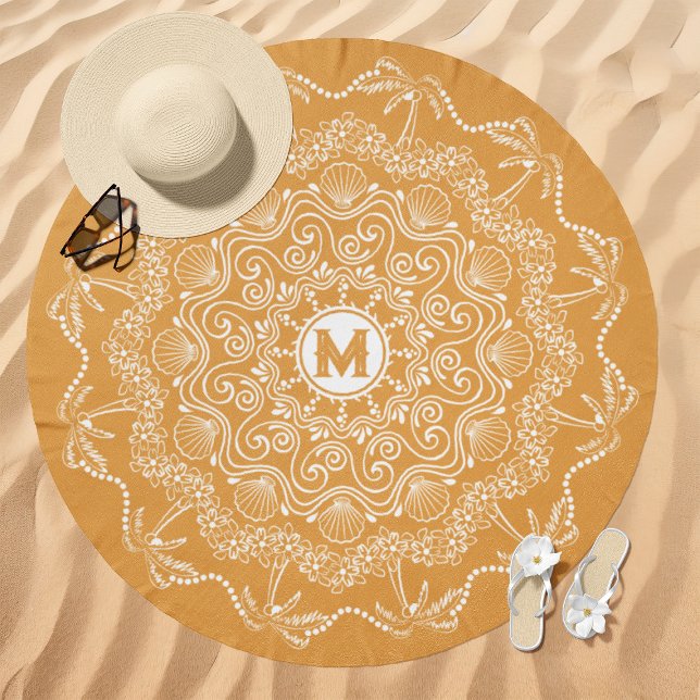 Palm Tree Seashell Mandala Monogram Golden Peach Beach Towel (Creator Uploaded)