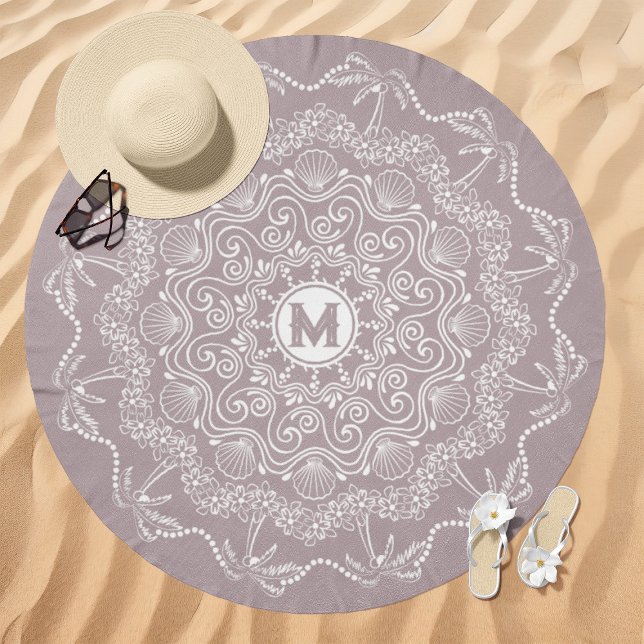 Palm Tree Seashell Mandala Monogram Lavender Beach Towel (Creator Uploaded)