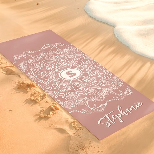 Palm Tree Seashell Mandala Monogram Mauve Beachy Yoga Mat