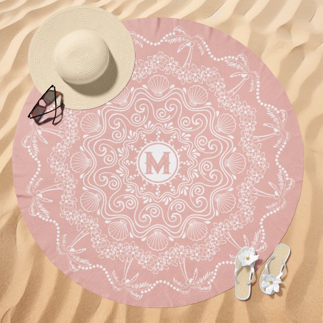 Palm Tree Seashell Mandala Monogram Pink Beach Towel (Creator Uploaded)