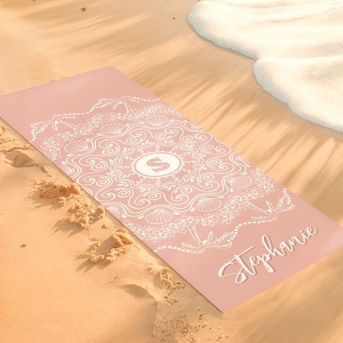 Palm Tree Seashell Mandala Monogram Pink Beachy Yoga Mat