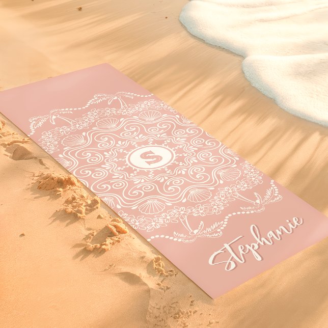 Palm Tree Seashell Mandala Monogram Pink Beachy Yoga Mat (Creator Uploaded)