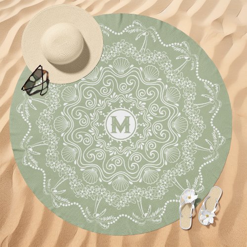 Palm Tree Seashell Mandala Monogram Sage Green Beach Towel