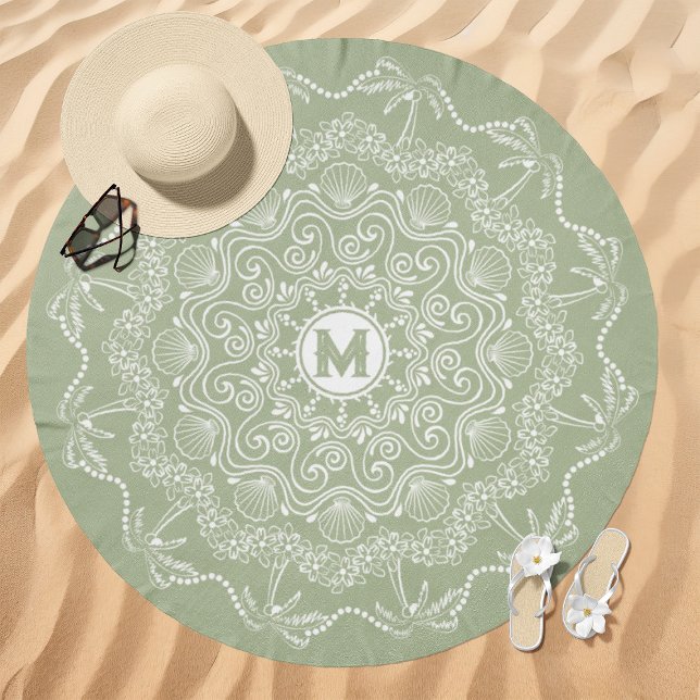 Palm Tree Seashell Mandala Monogram Sage Green Beach Towel (Creator Uploaded)